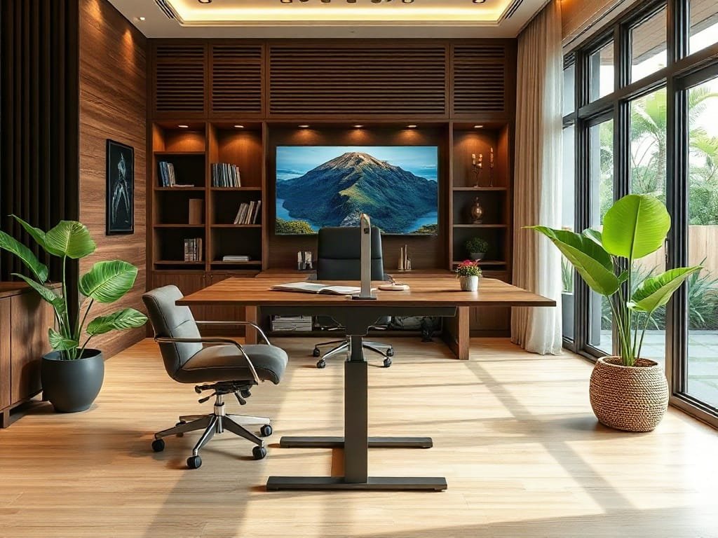 5 Lý Do Nên Dùng Bàn Làm Việc Thông Minh Cho Không Gian Hiện Đại Bàn thông minh chỉnh độ cao trong văn phòng biệt thự Việt Nam xa hoa.