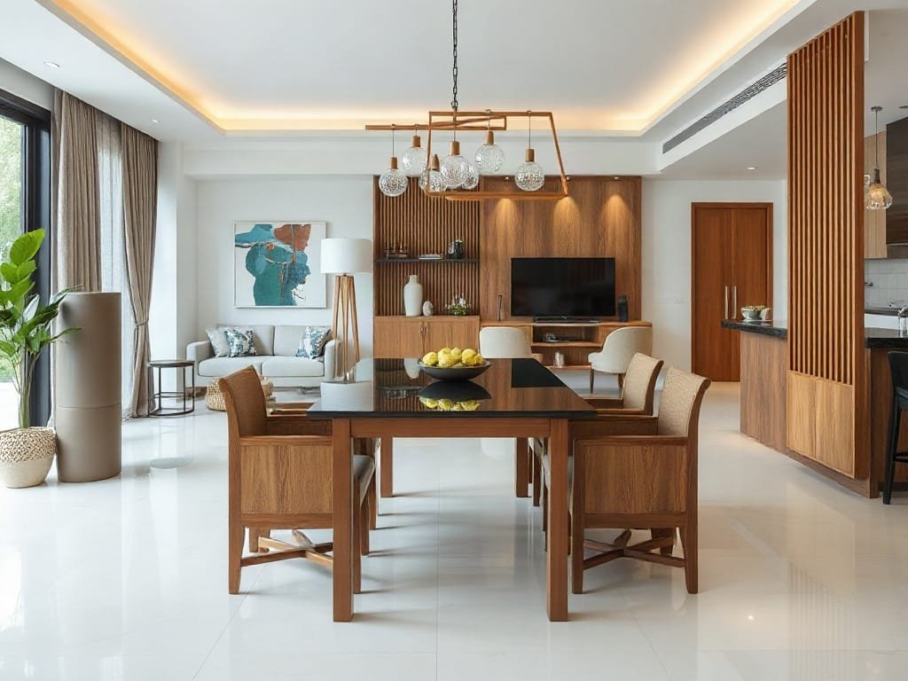 Bộ bàn ăn gỗ hiện đại trong không gian sống rộng rãi Việt Nam.