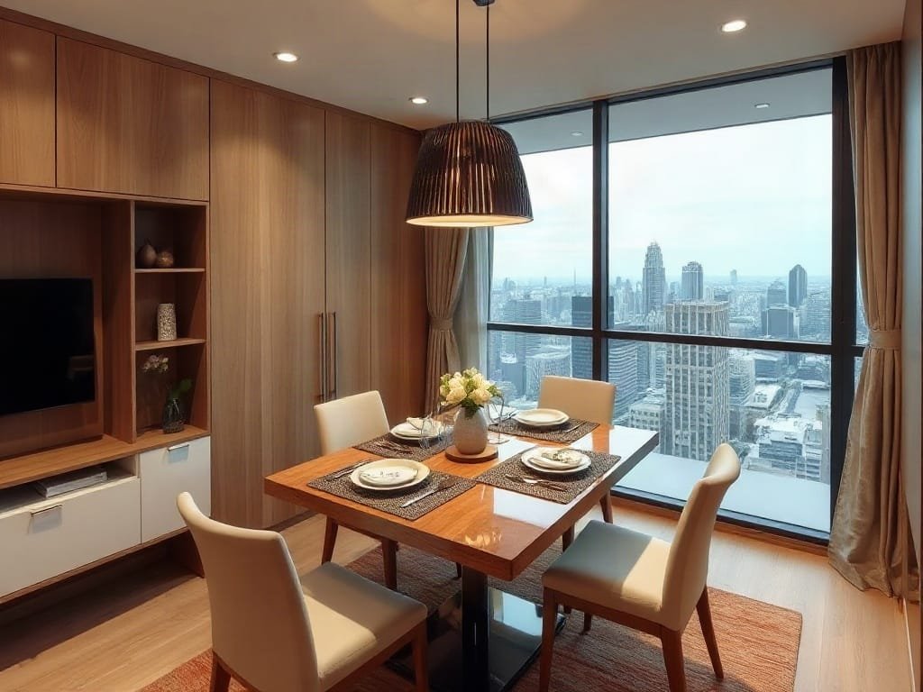 Bộ bàn ăn tiết kiệm không gian trong căn hộ cao tầng Việt Nam với tầm nhìn thành phố.
