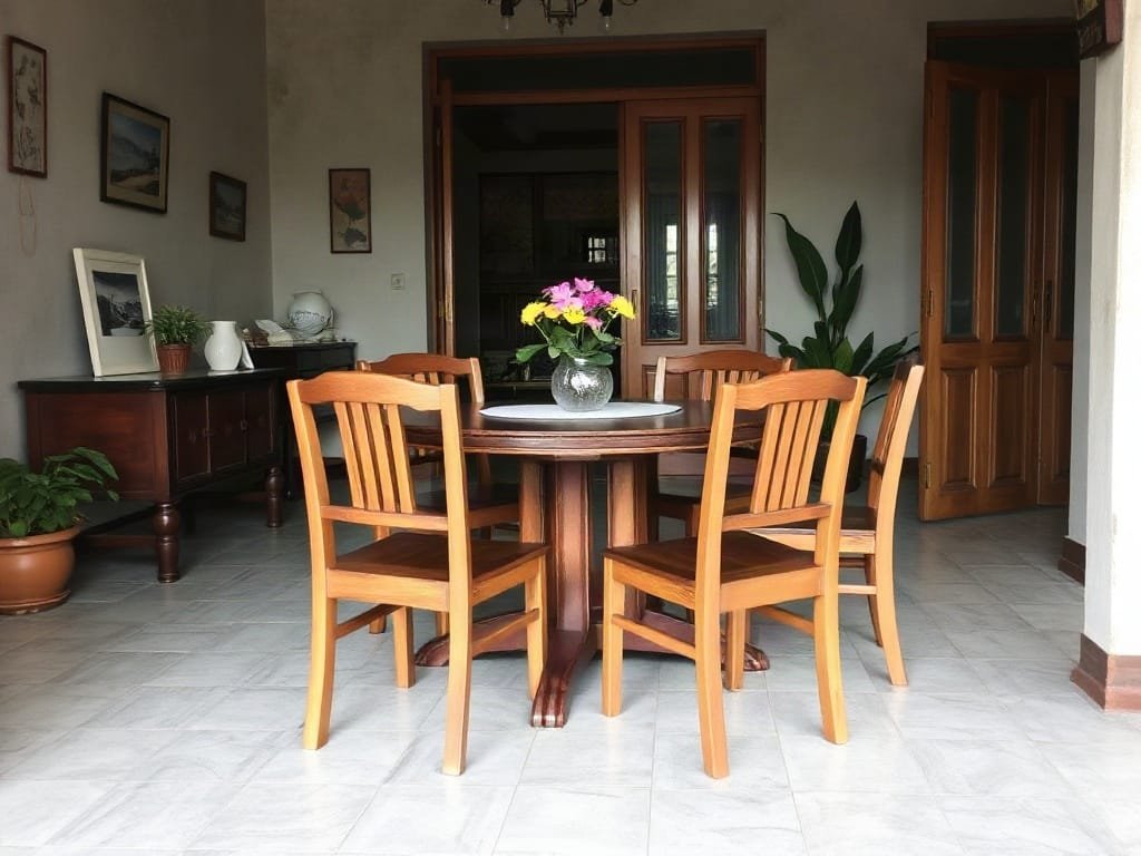 Bộ bàn ăn với sáu ghế gỗ trong nhà phố Việt Nam.