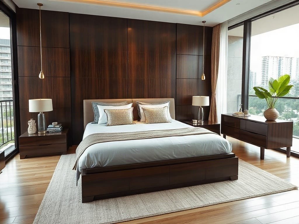 Khám Phá Chi Tiết: Gỗ Trắc Đen Là Gì? Bộ phòng ngủ gỗ trắc đen trong căn hộ cao cấp tại Viêt Nam.