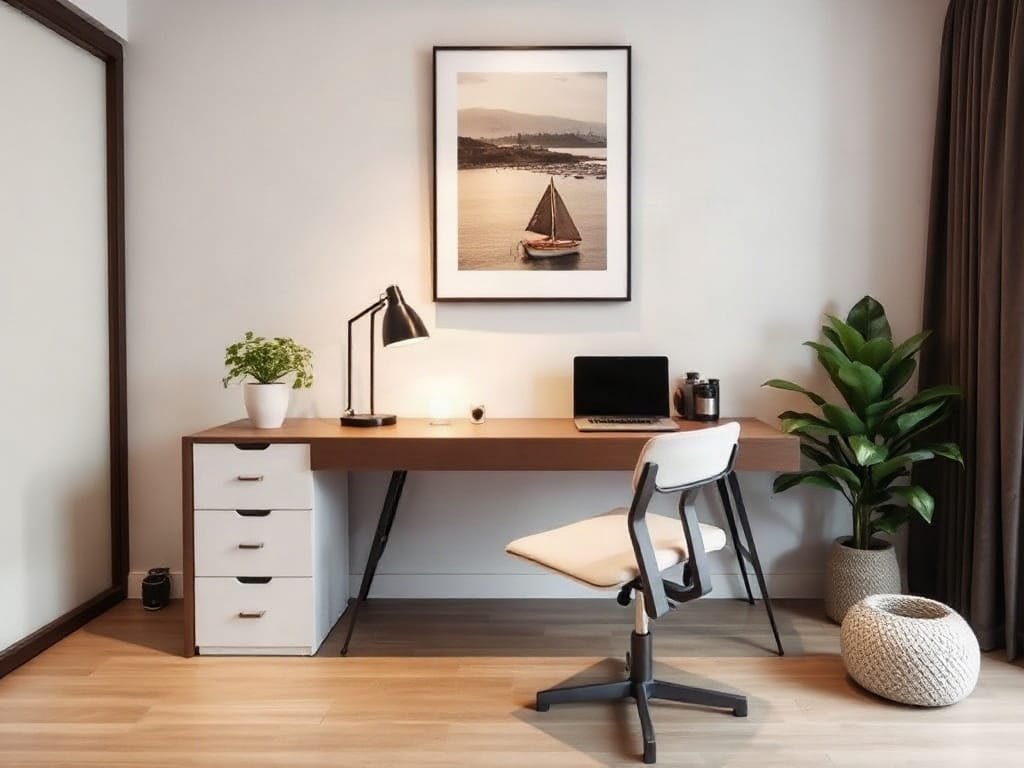 Bố trí bàn làm việc phong cách với trang trí đương đại trong nhà Việt Nam.