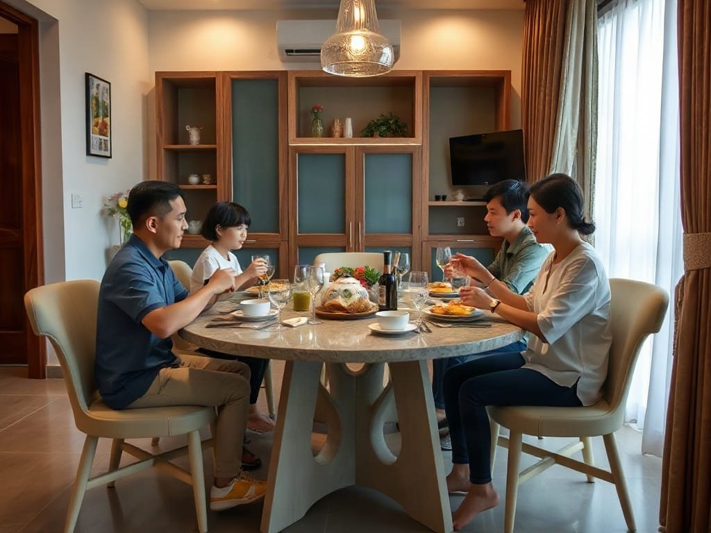 Bữa ăn gia đình tại nhà Việt Nam với bộ bàn ăn tiết kiệm diện tích.