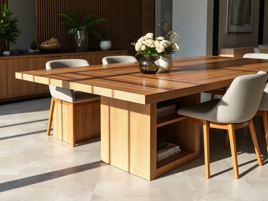 Khám Phá 5 Tác Dụng Đặc Biệt Của Bàn Ăn Thông Minh Cận cảnh bàn ăn thông minh với ngăn kéo ở biệt thự Việt Nam sang trọng