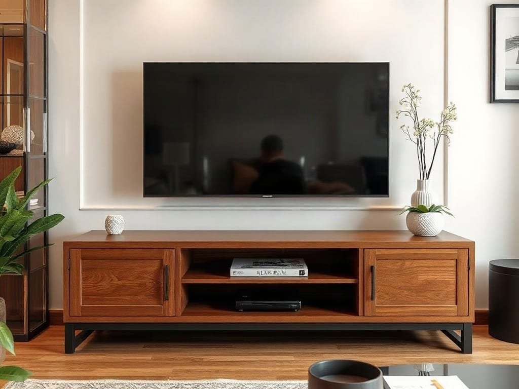 8 Cách Sử Dụng Kệ Tivi Hiệu Quả Hơn Cho Không Gian Sống Cận cảnh kệ tivi gỗ với đồ trang trí thanh lịch trong căn hộ Việt.