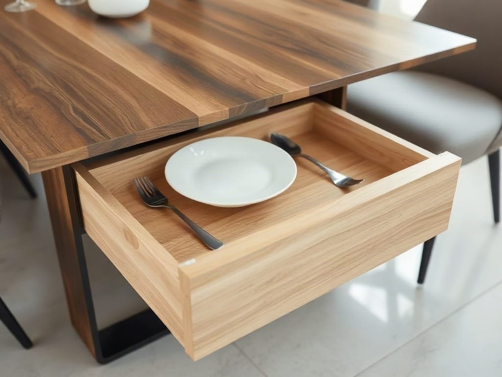 Khám Phá 5 Tác Dụng Đặc Biệt Của Bàn Ăn Thông Minh Cận cảnh khoang lưu trữ ẩn trong bàn ăn thông minh tại gia đình Việt Nam