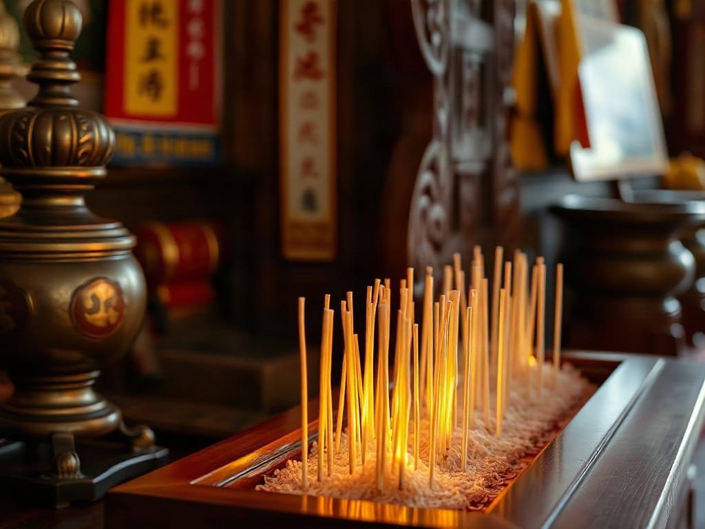 Cận cảnh nhang đang cháy trên bàn thờ gỗ truyền thống