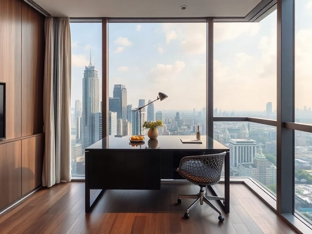 5 Lý Do Nên Dùng Bàn Làm Việc Thông Minh Cho Không Gian Hiện Đại Căn hộ cao cấp tại Việt Nam có bàn thông minh với tầm nhìn ra toàn cảnh thành phố.