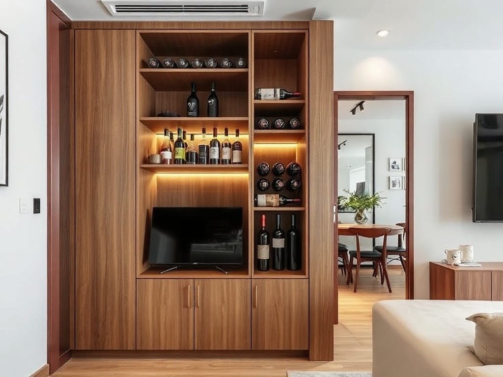 6 Mẹo Cải Thiện Tủ Rượu Phòng Chật Giúp Tối Ưu Không Gian Hiệu Quả Căn hộ đô thị Việt Nam với tủ rượu góc chic, tiết kiệm diện tích.