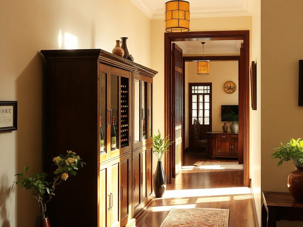 Cạnh bên của tủ rượu gỗ trong hành lang đầy ánh nắng của ngôi nhà Việt.