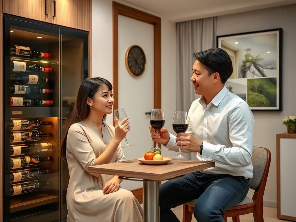 6 Mẹo Cải Thiện Tủ Rượu Phòng Chật Giúp Tối Ưu Không Gian Hiệu Quả Cặp đôi Việt thưởng thức rượu bên tủ rượu thiết kế thông minh trong ngôi nhà nhỏ.