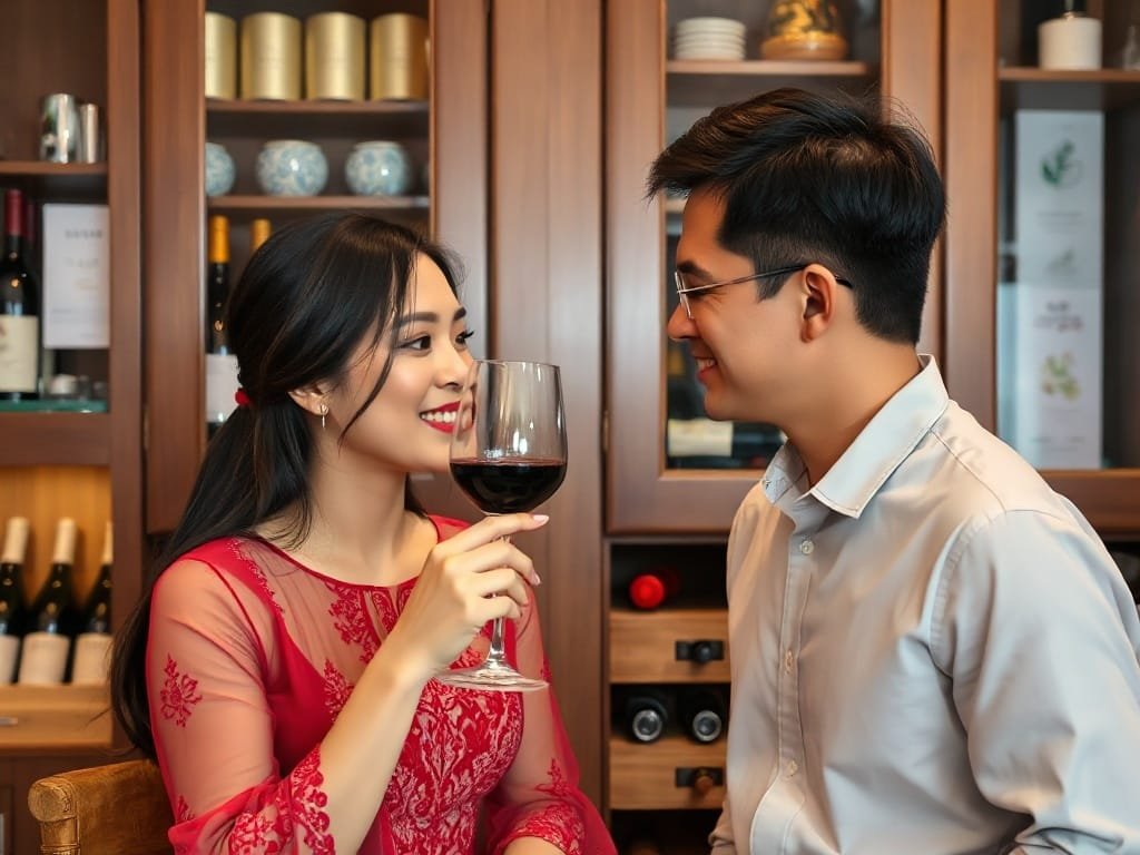Cặp đôi Việt thưởng thức rượu vang gần tủ rượu được sắp xếp hài hòa.