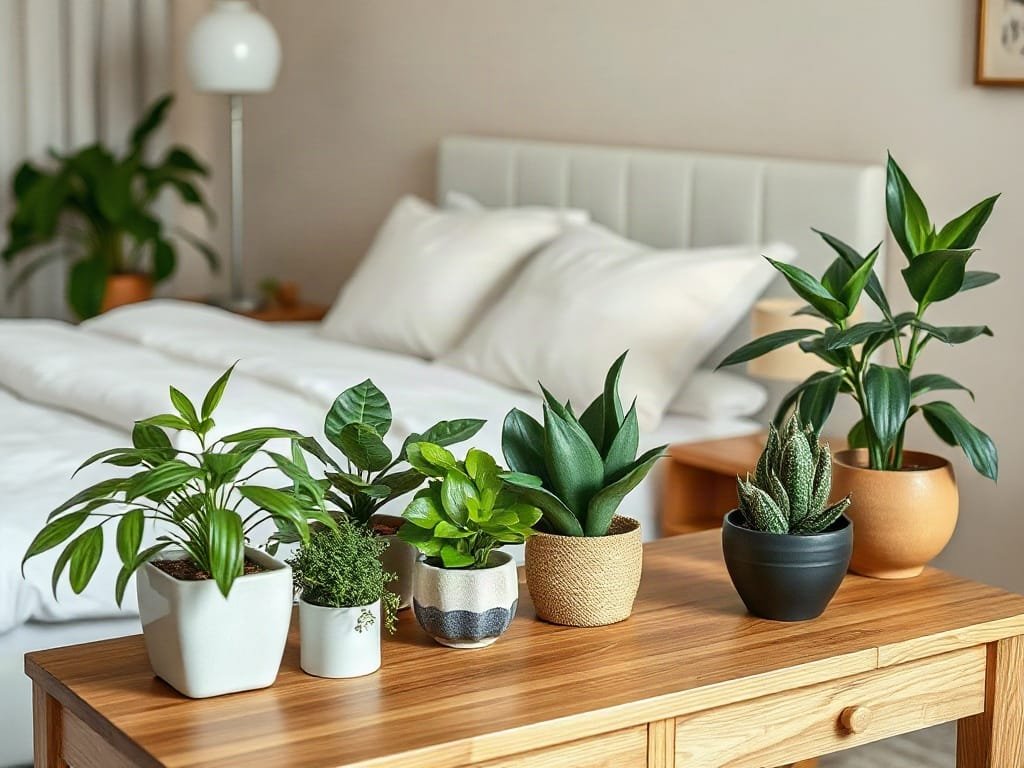Cây trang trí trên bàn gỗ trong môi trường phòng ngủ yên bình.