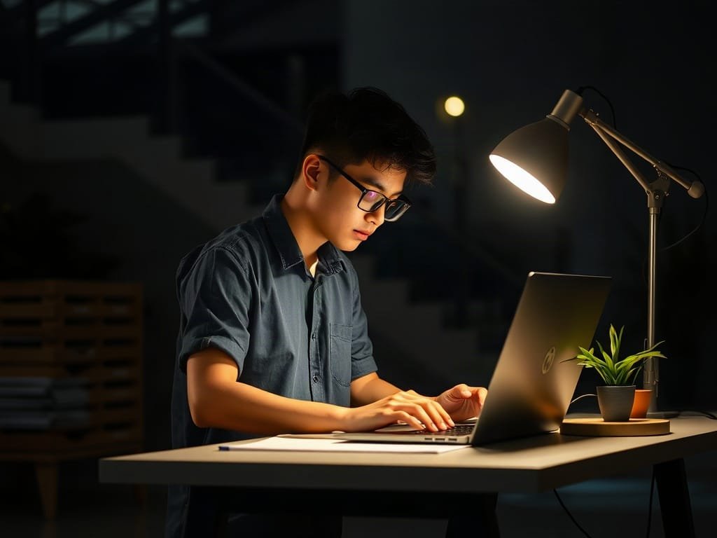 Doanh nhân trẻ Việt Nam làm việc khuya tại bàn đứng dưới ánh đèn bàn