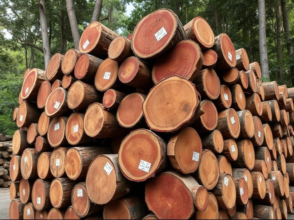 Đống gỗ Hương Xám tròn nguyên liệu dán tem tại xưởng