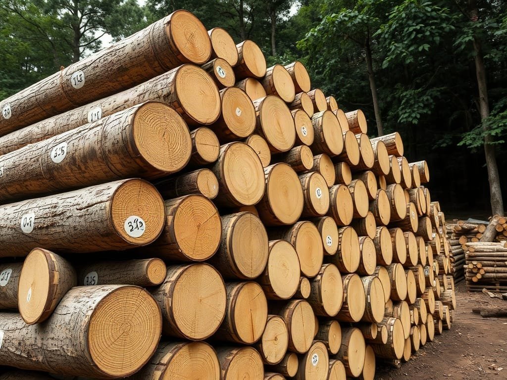 Đống gỗ Thông Xanh tròn nguyên liệu dán tem tại xưởng