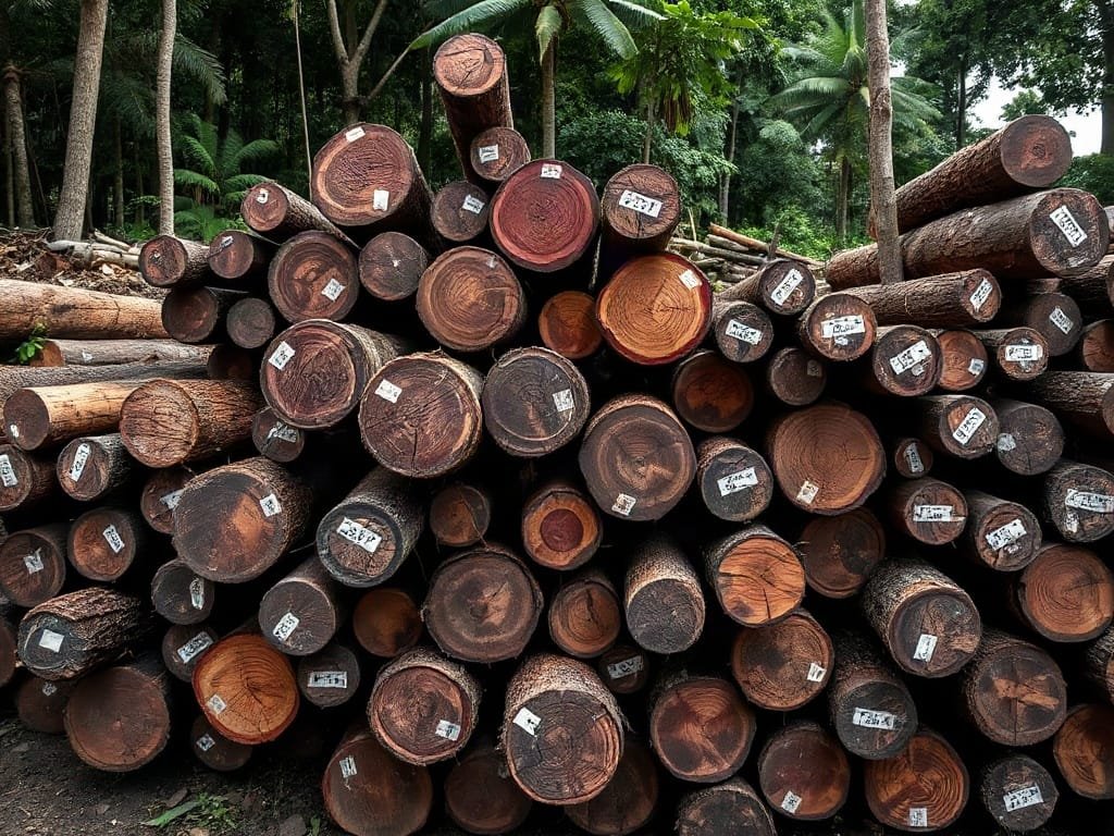 Khám Phá Chi Tiết: Gỗ Trắc Đen Là Gì? Đống gỗ Trắc Đen tròn nguyên liệu dán tem tại xưởng