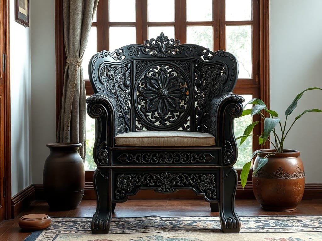 Khám Phá Gỗ Gụ Nam Phi: Tính Năng Và Ứng Dụng Nổi Bật Trong Nội Thất Ghế bành Gỗ Gụ Nam Phi với họa tiết tinh xảo.