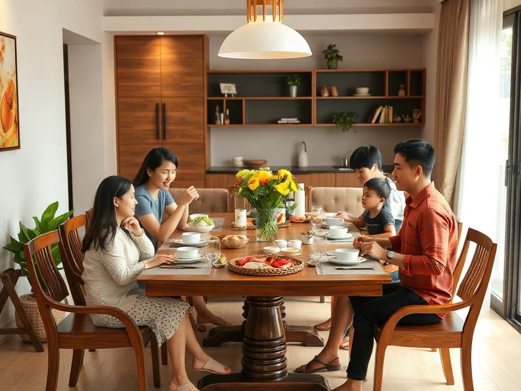 Gia đình ăn tối trên bộ bàn ăn gỗ trong ngôi nhà hiện đại Việt Nam.