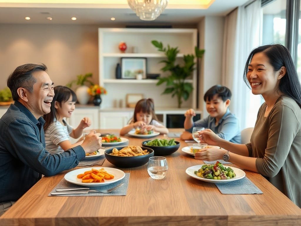 Khám Phá 5 Tác Dụng Đặc Biệt Của Bàn Ăn Thông Minh Gia đình người Việt thưởng thức bữa tối tại bàn ăn thông minh