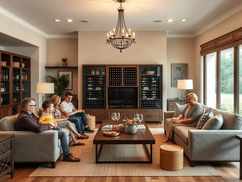 8 Bước Trang Trí Tủ Rượu Cá Tính Cho Ngôi Nhà Sang Trọng Gia đình tụ họp trong phòng khách quanh tủ rượu