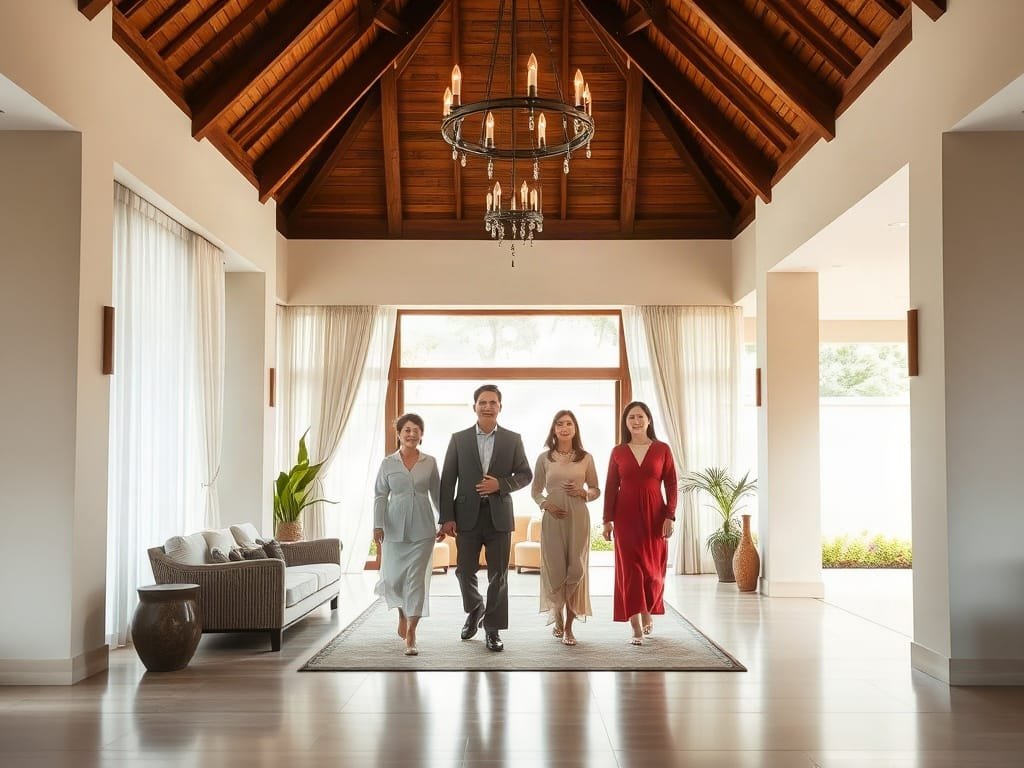 Gia đình Việt Nam bước vào khu vực tiếp tân ấm cúng trong biệt thự nghỉ dưỡng