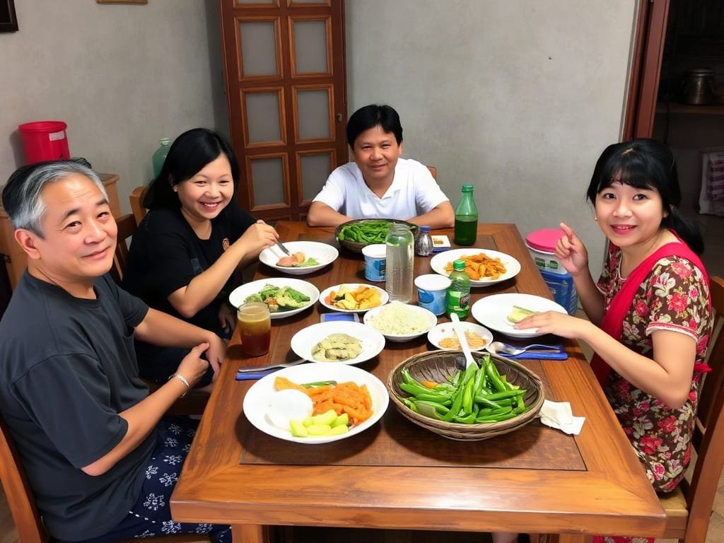 Gia đình Việt Nam cùng ăn bữa tối quanh bàn ăn gỗ.