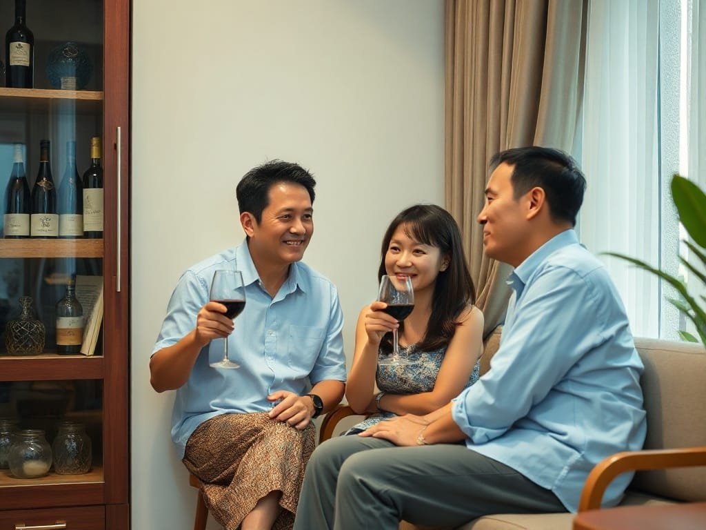 Gia đình Việt thưởng thức rượu bên tủ rượu sang trọng trong không gian ấm cúng.