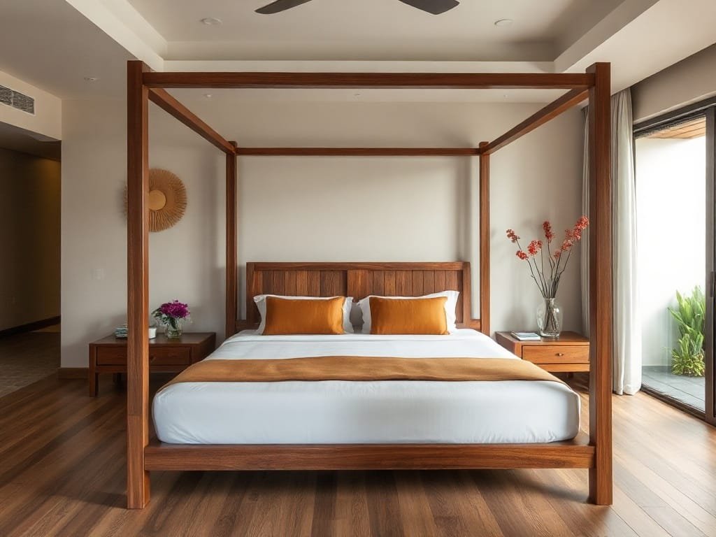 Giường gỗ thiết kế đẹp trong biệt thự Việt Nam rộng rãi.