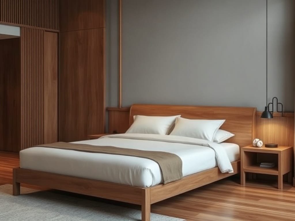 Giường gỗ tinh tế trong phòng ngủ Việt Nam tối giản nhưng thanh lịch.