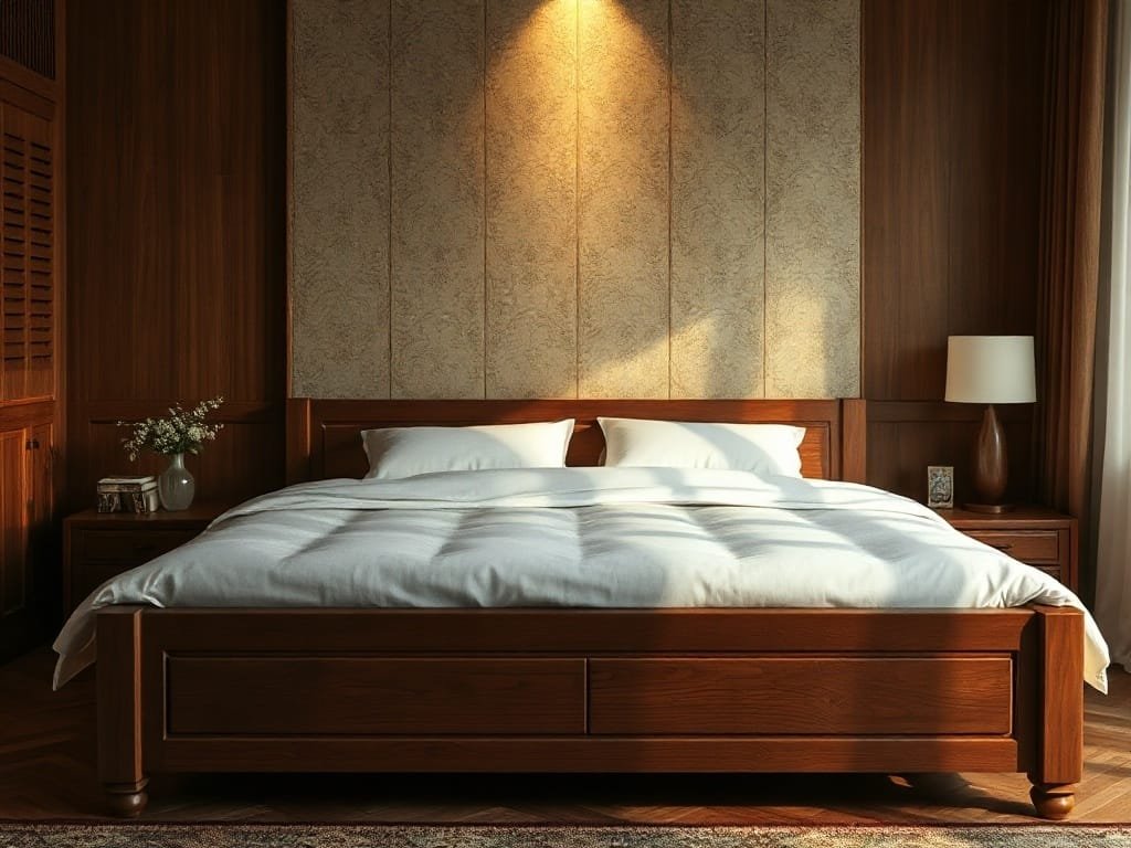 Giường gỗ với chăn ga gối đệm sang phù hợp nội thất Việt.