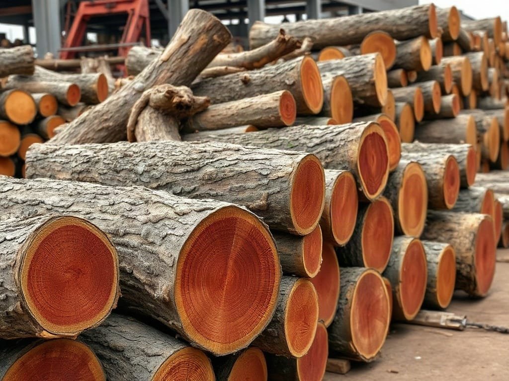 Gỗ Gõ Đỏ Campuchia tròn vỏ dày tập kết tại bãi xưởng cưa