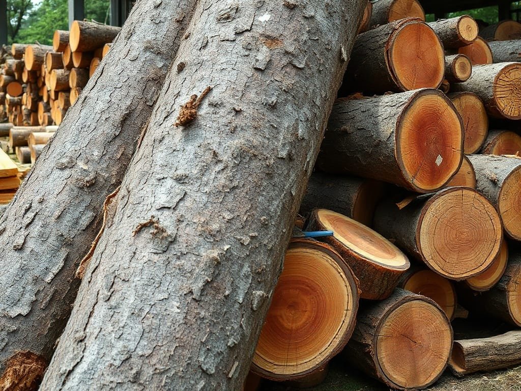 Gỗ Hương Xám tròn vỏ dày tập kết tại bãi xưởng cưa