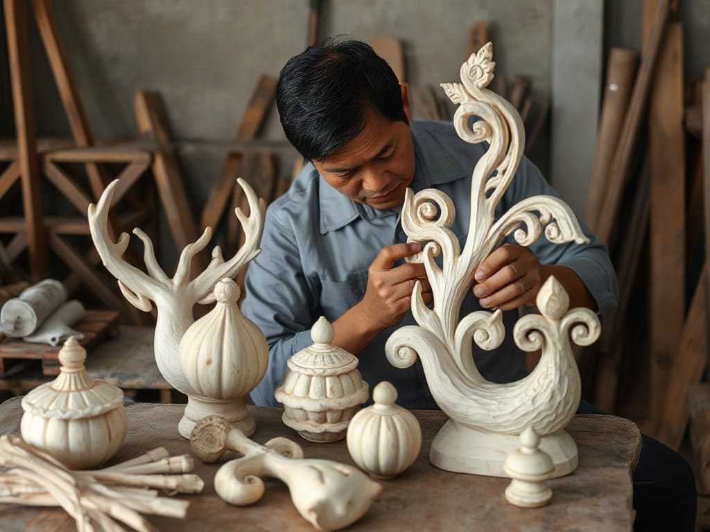 Gỗ Sưa Trắng là gì? Bí Quyết Lựa Chọn và Sử Dụng Hiệu Quả Gỗ sưa trắng được chế tác thành sản phẩm trang trí bởi thợ thủ công Việt.