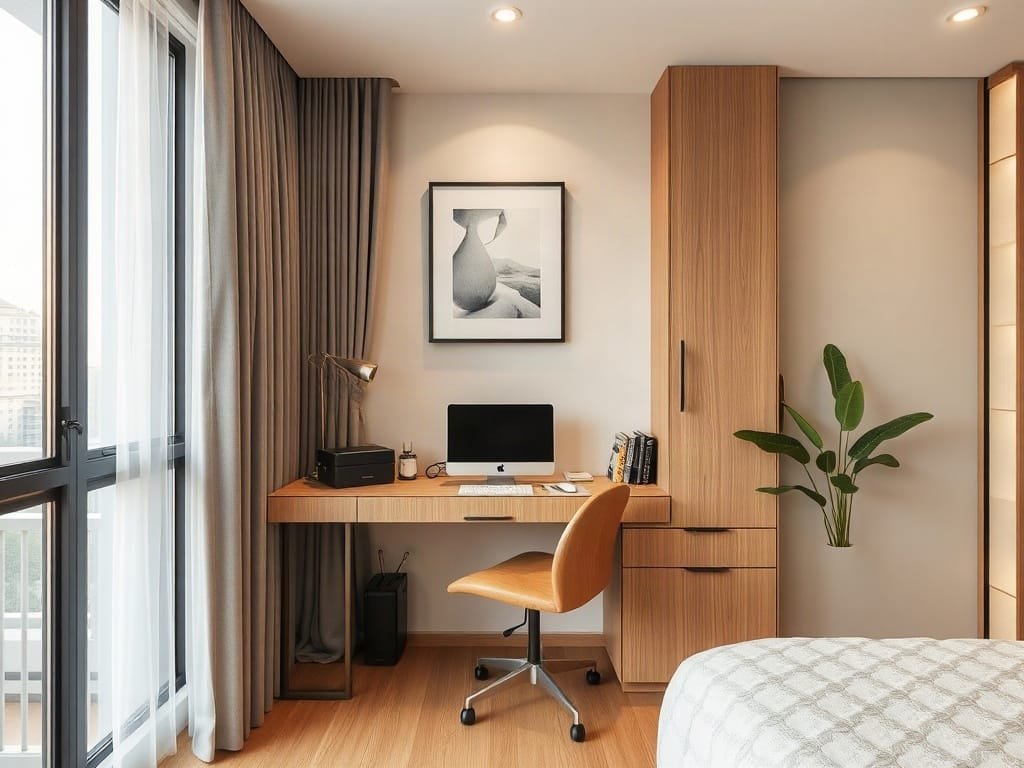 Góc làm việc phong cách với bàn nhỏ gọn trong căn hộ đô thị Việt Nam.