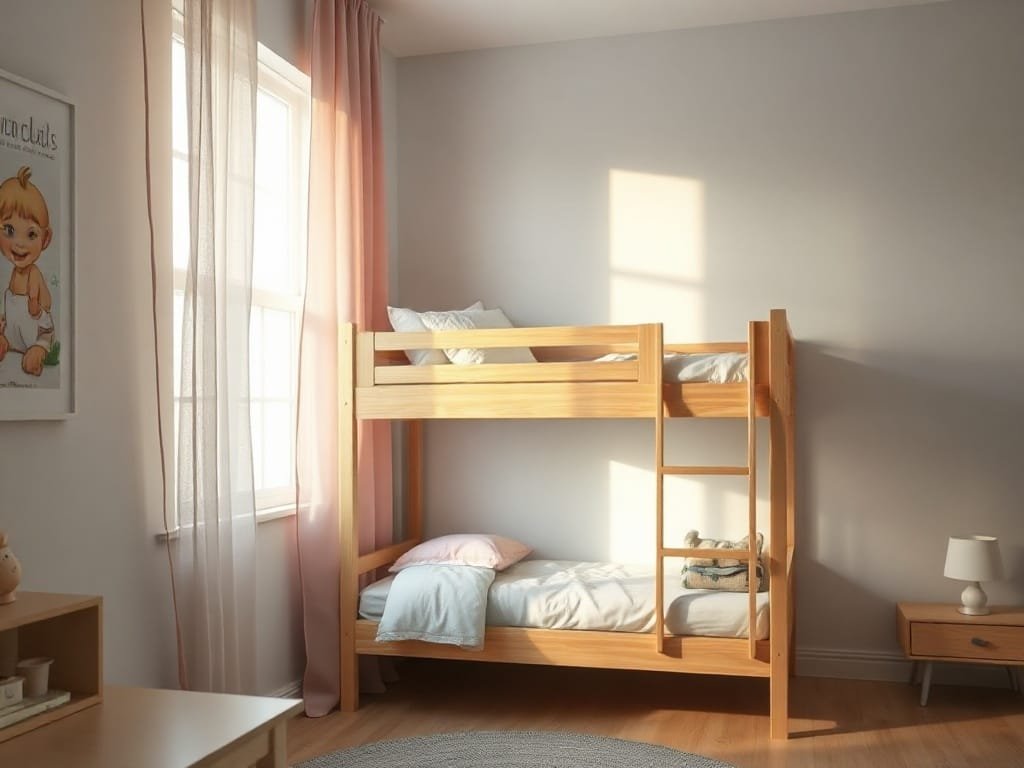 Góc nhìn phòng trẻ em dưới ánh sáng mềm, hiển thị giường tầng nhỏ gọn.