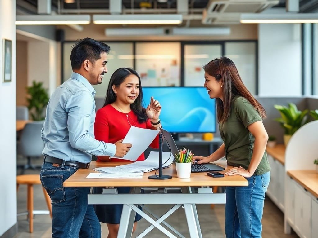 Hai đồng nghiệp Việt Nam thảo luận dự án tại bàn đứng chung trong môi trường văn phòng hiện đại