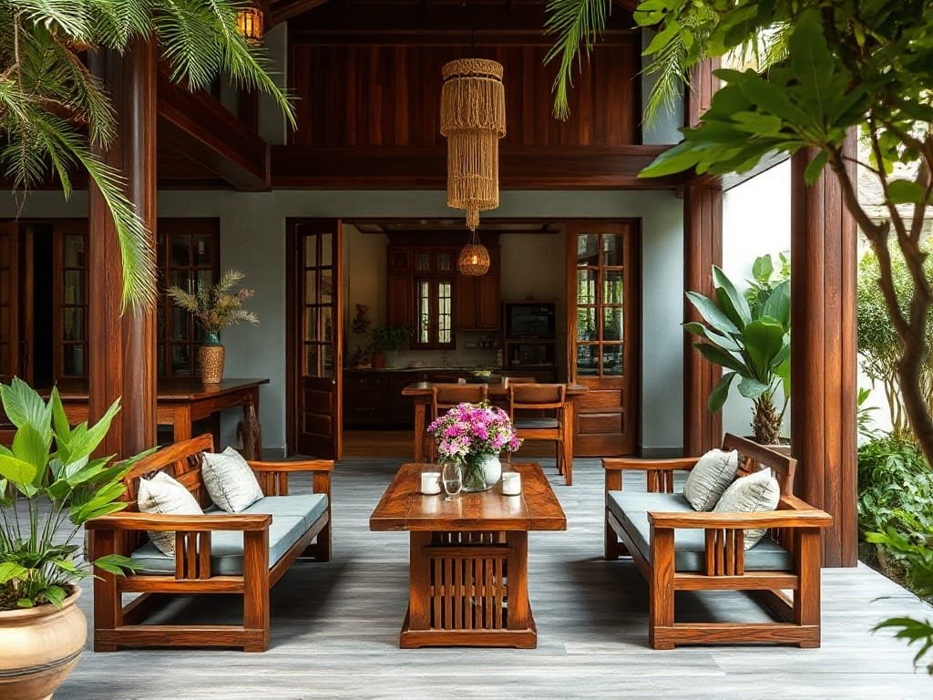 Hiên nhà với nội thất gỗ Hương Xám ngoài trời