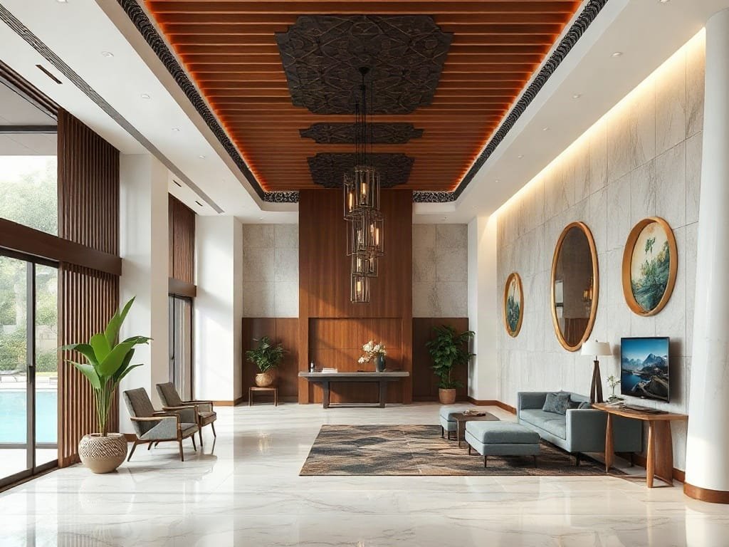 Họa tiết truyền thống Việt trong thiết kế khu lễ tân hiện đại.