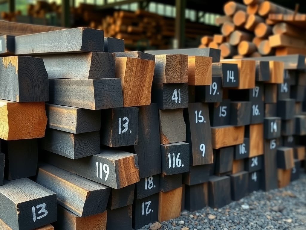 Tìm Hiểu Gỗ Mun Là Gì Và Những Ứng Dụng Thực Tiễn Trong Nội Thất Gỗ Mun xẻ vuông đánh số xếp tại bãi gỗ
