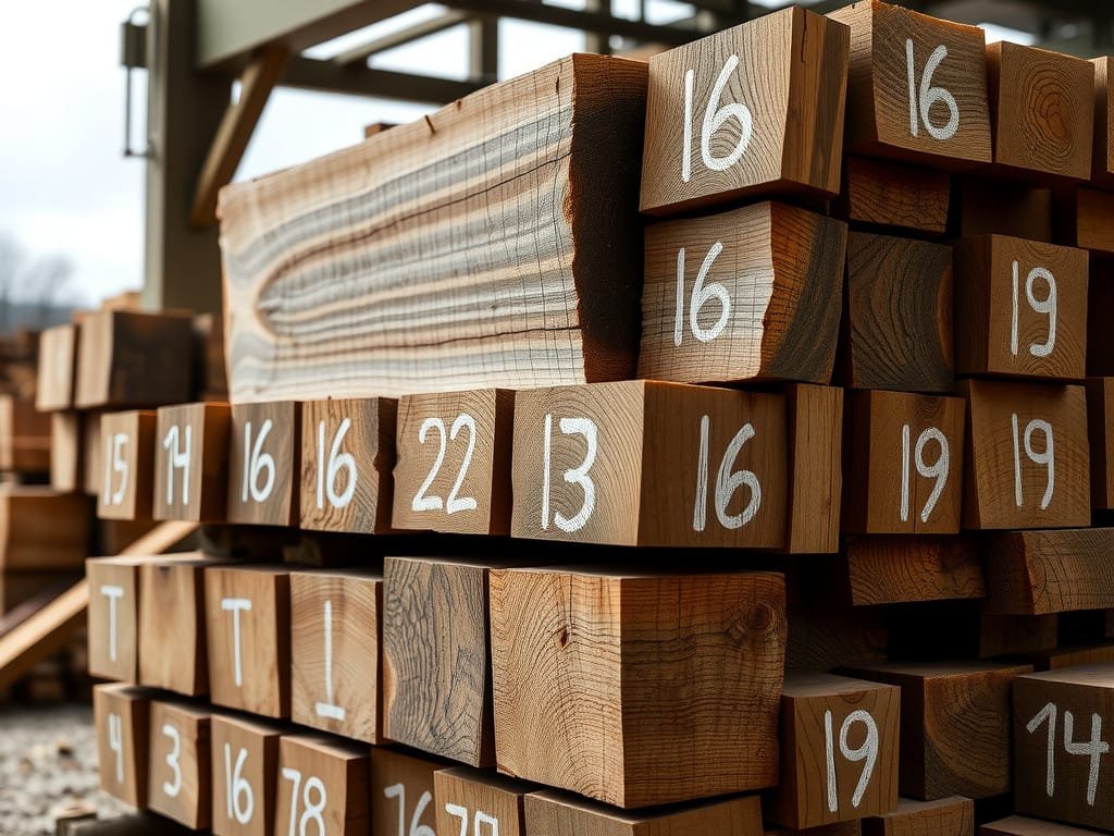 Gỗ Lim xẻ vuông đánh số xếp tại bãi gỗ