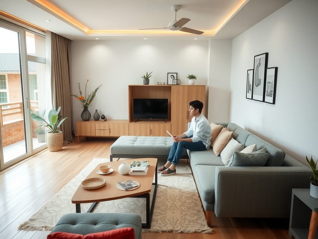 Cặp đôi Việt Nam thưởng thức phòng khách rộng rãi với nội thất xếp gọn