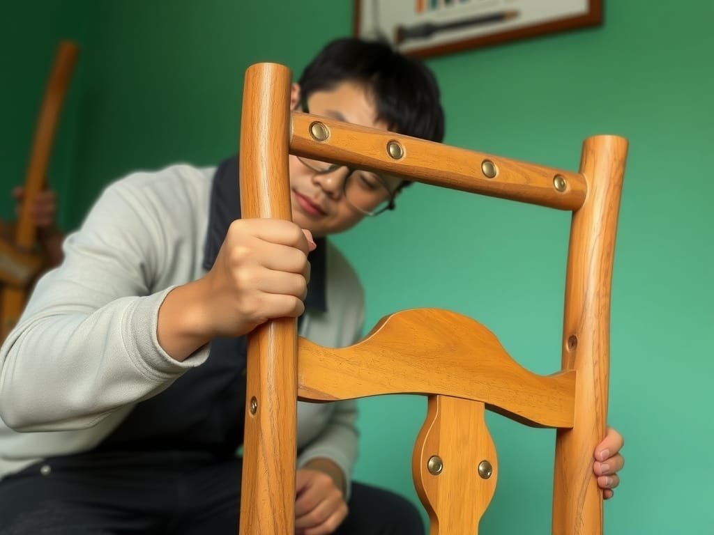 8 Mẹo Tăng Độ Bền Cho Ghế Bố Bạn Không Thể Bỏ Qua Người Việt siết chặt ốc vít trên ghế gỗ để bảo trì.