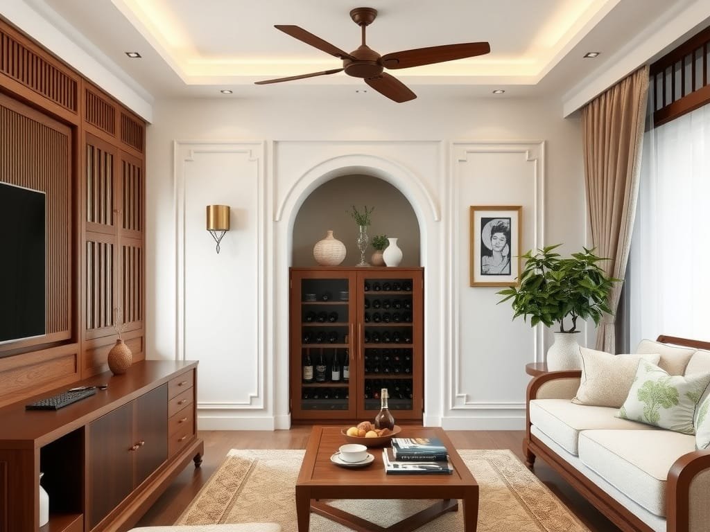 Nội thất truyền thống Việt Nam pha lẫn hiện đại có tủ rượu.