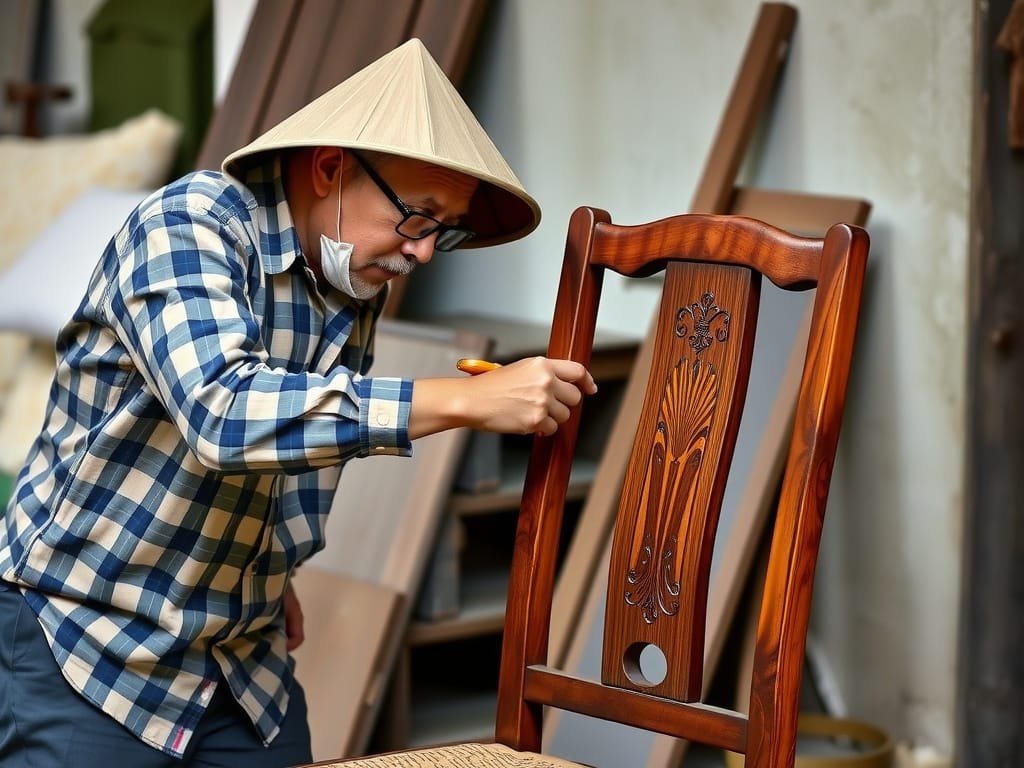 Người Việt kiểm tra độ bóng trên ghế gỗ