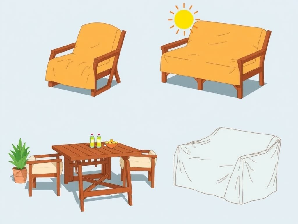 8 Mẹo Tăng Độ Bền Cho Ghế Bố Bạn Không Thể Bỏ Qua Minh họa tấm phủ chống thời tiết cho nội thất gỗ ngoài trời.