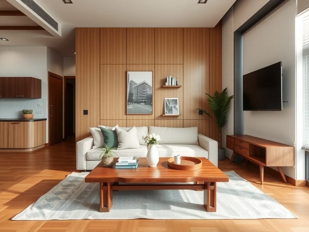 Khám Phá Gỗ Xoan Ta Là Gì? Tất Tần Tật Về Gỗ Xoan Ta Căn hộ studio hiện đại với bàn cà phê gỗ Xoan Ta.