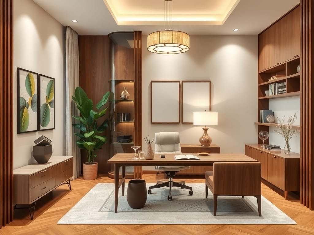 Văn phòng tại nhà phong cách Việt Nam trang trí với các yếu tố gỗ lim.
