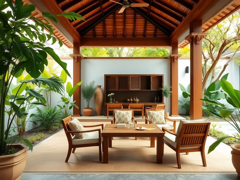 Gỗ Sồi là gì? Khám Phá Đặc Điểm và Ứng Dụng Nội Thất Gỗ Sồi Sân thượng với nội thất gỗ sồi ngoài trời, bao quanh bởi cây xanh