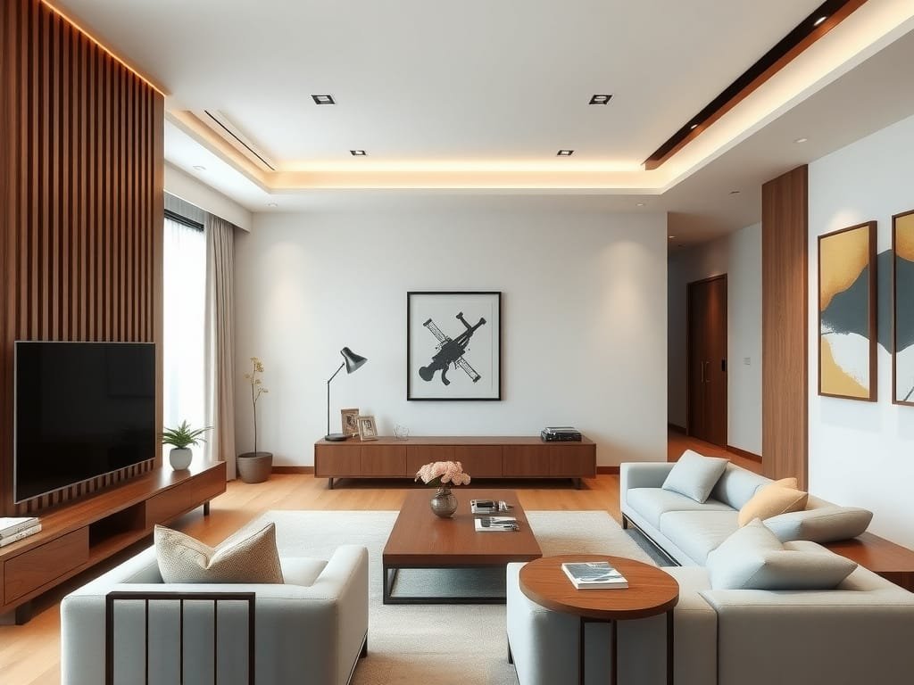 Phòng khách đương đại với chi tiết gỗ Xoan Đào.